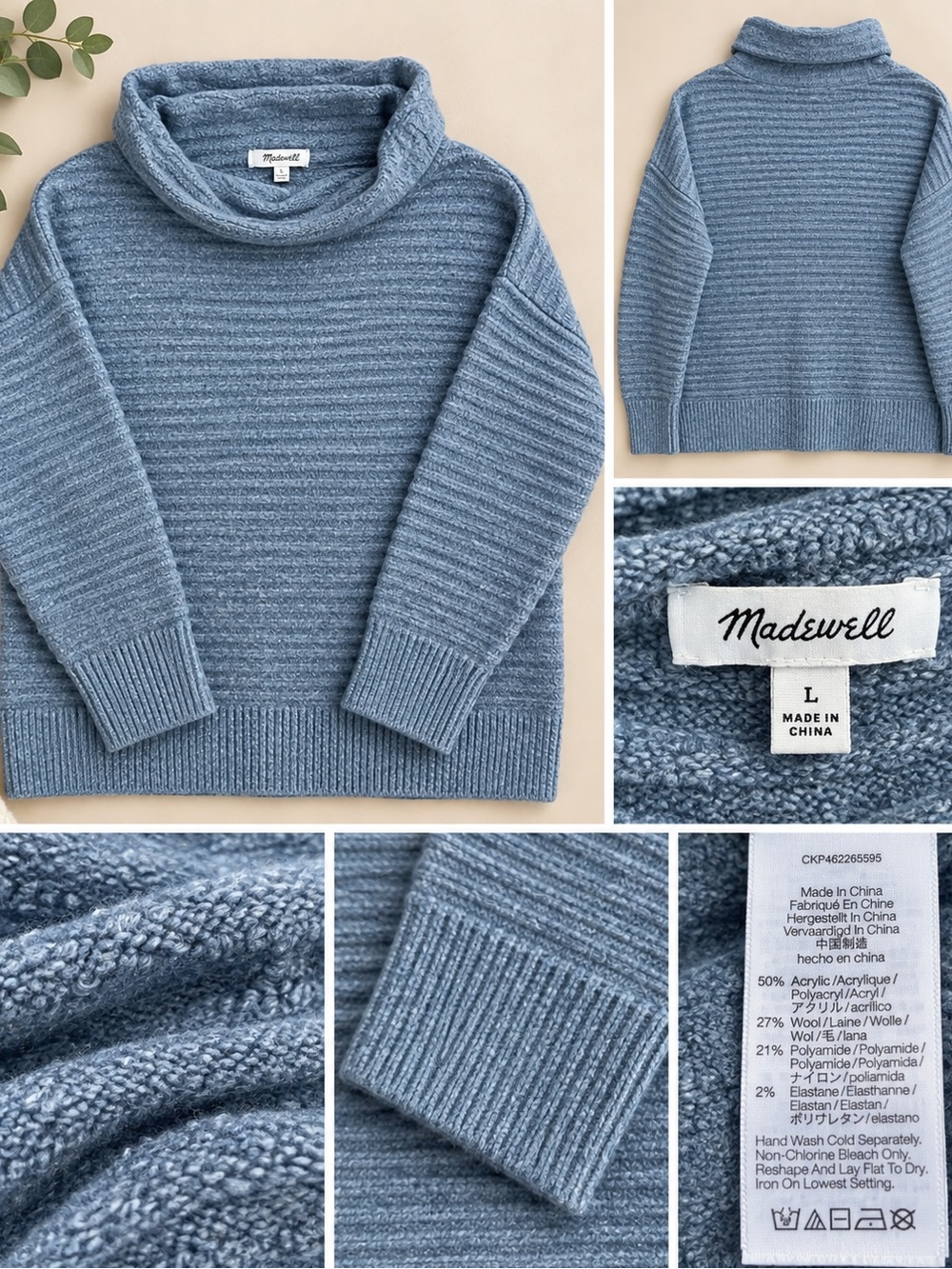 Madewell Women’s Heathered Slate Blue Ribbed Funnel Neck Sweater